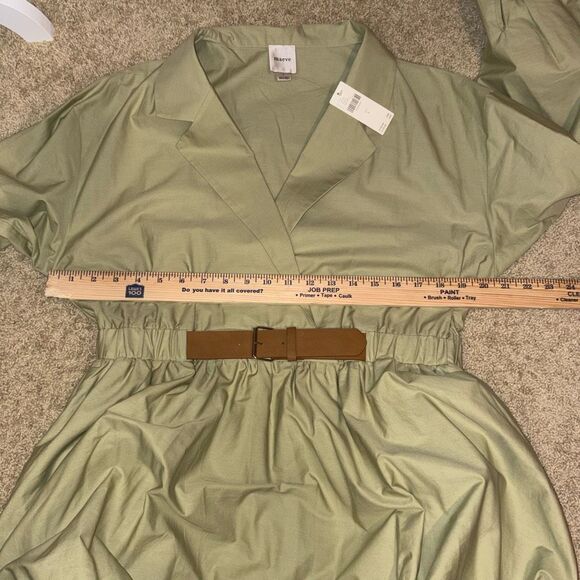 Maeve Anthropologie long sleeve Collared Belted Bubble Hem mini dress green NEW - Picture 9 of 11